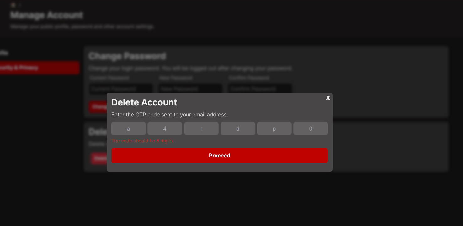 delete account pin input